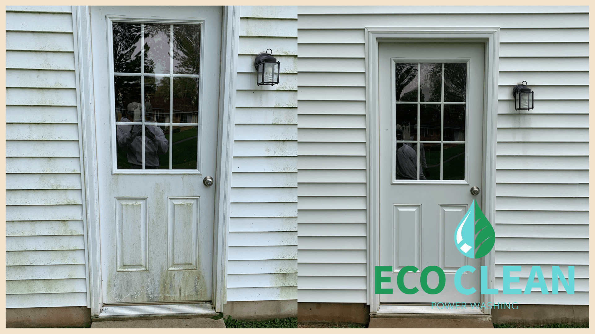 A before and after picture of a house with a dirty door and a clean door.