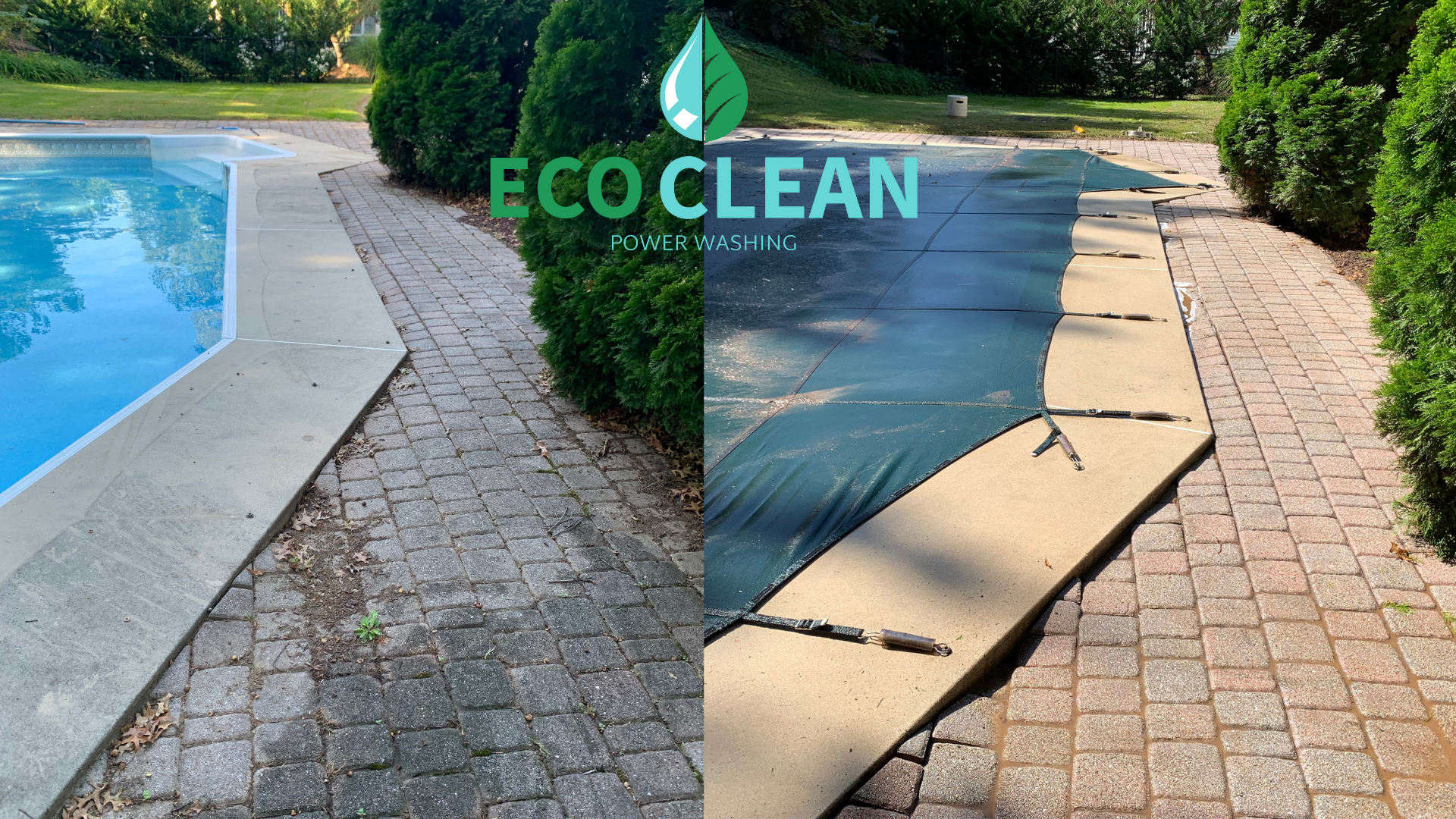 A before and after photo of a brick walkway next to a pool.