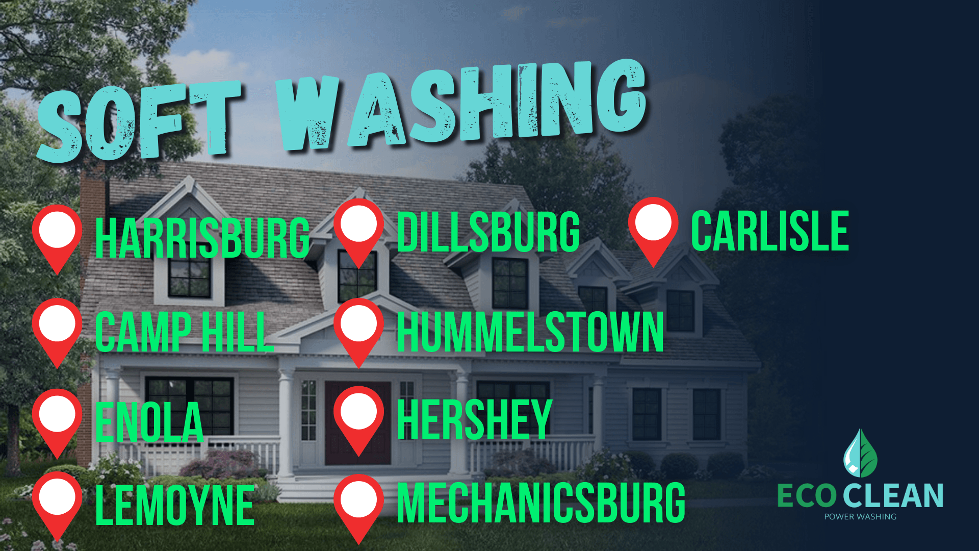 A picture of a house with the words soft washing on it