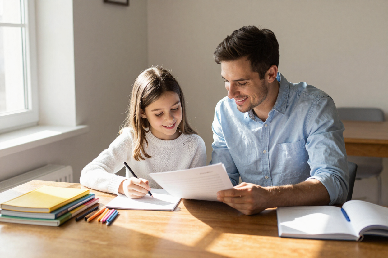 Parent and child reviewing school application documents together