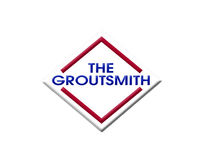 Logo for The Groutsmith: diamond shape with red and white borders, blue text.