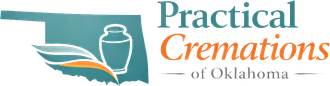 Logo for Practical Cremations of Oklahoma: Oklahoma state outline, urn, and text in teal and orange.