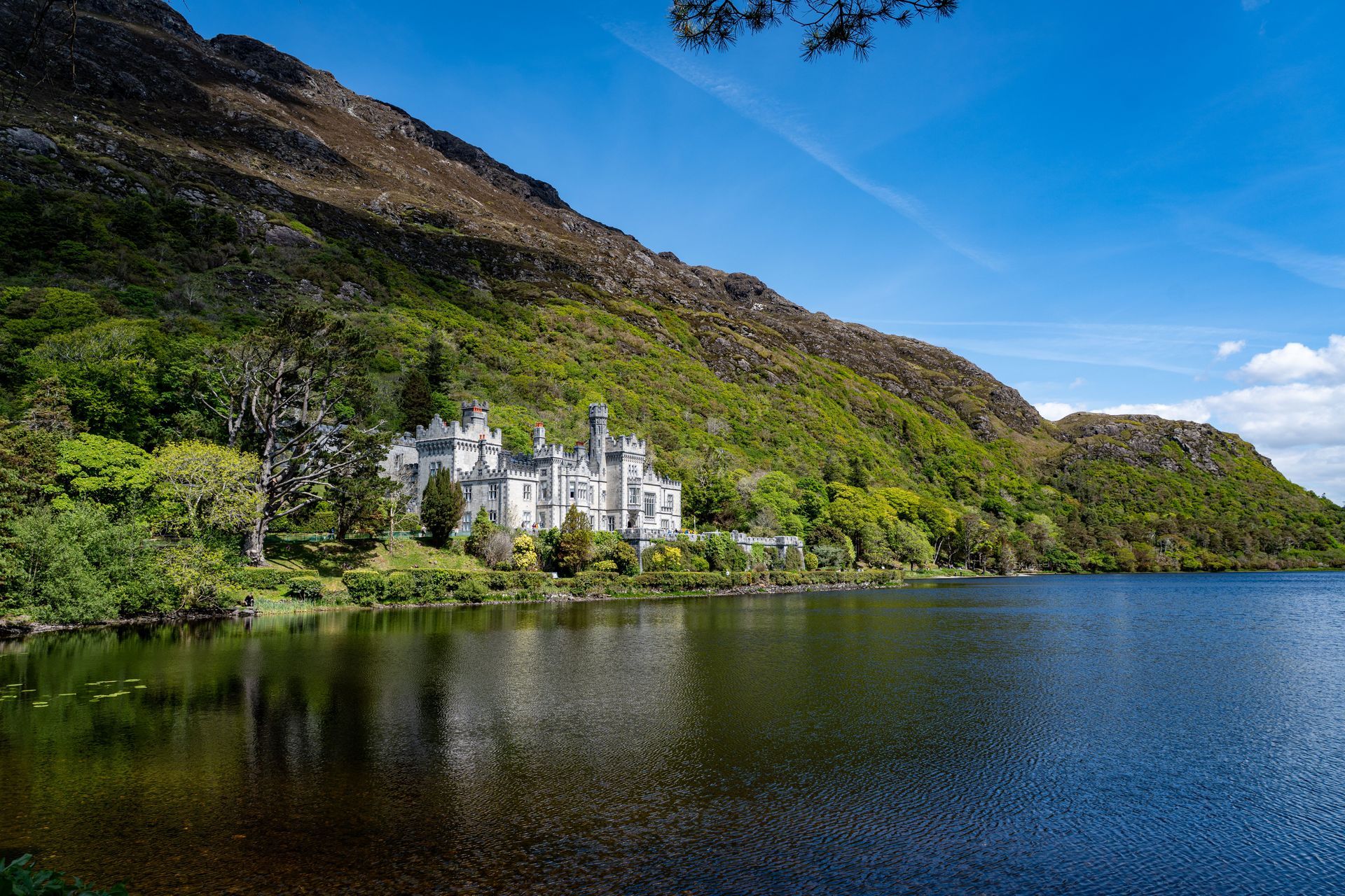 White castle by a calm lake with green hills and a blue sky