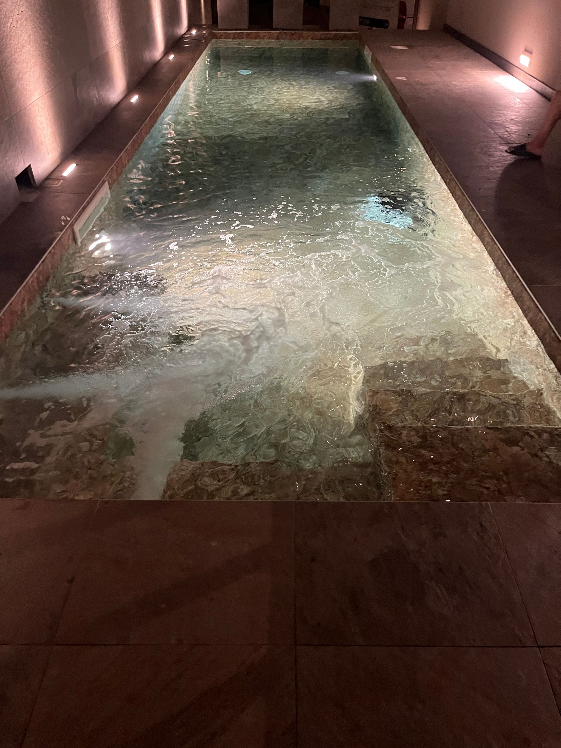 Piscina interna rettangolare, gradini in pietra, acqua increspata. Ambiente in pietra scarsamente illuminato.