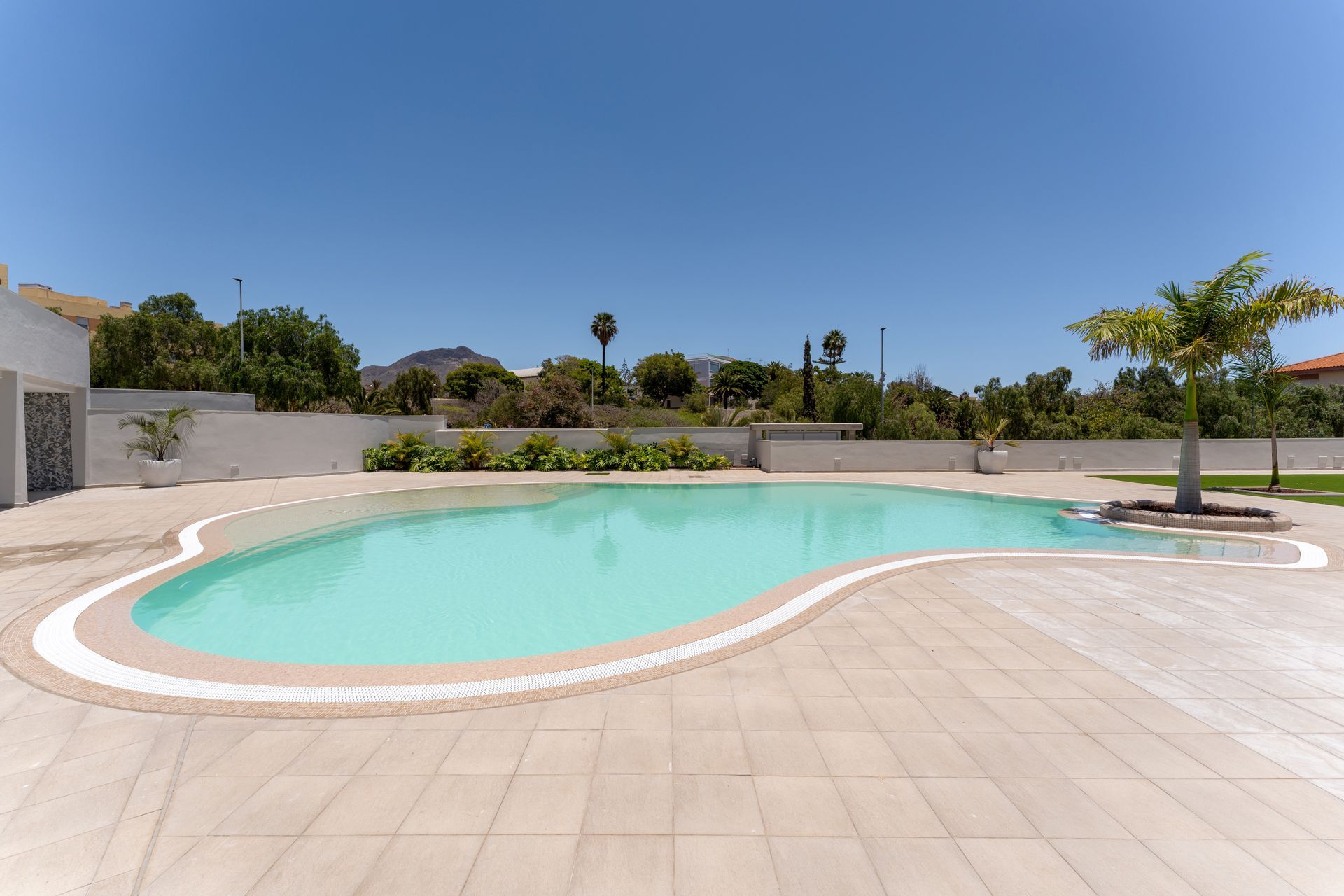 Piscina con acqua turchese, circondata da pietra chiara. Palme e vegetazione nelle vicinanze, giornata di sole.