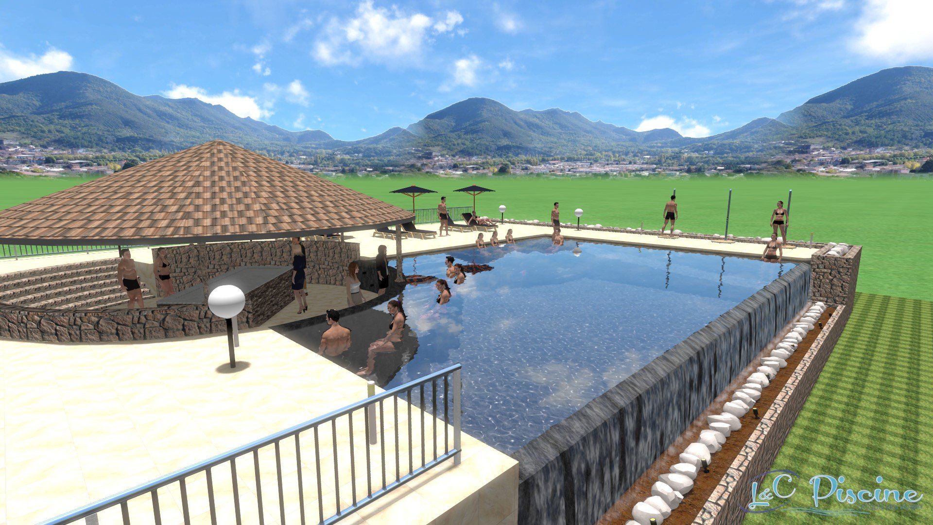 Piscina con persone, montagne sullo sfondo, giornata di sole.
