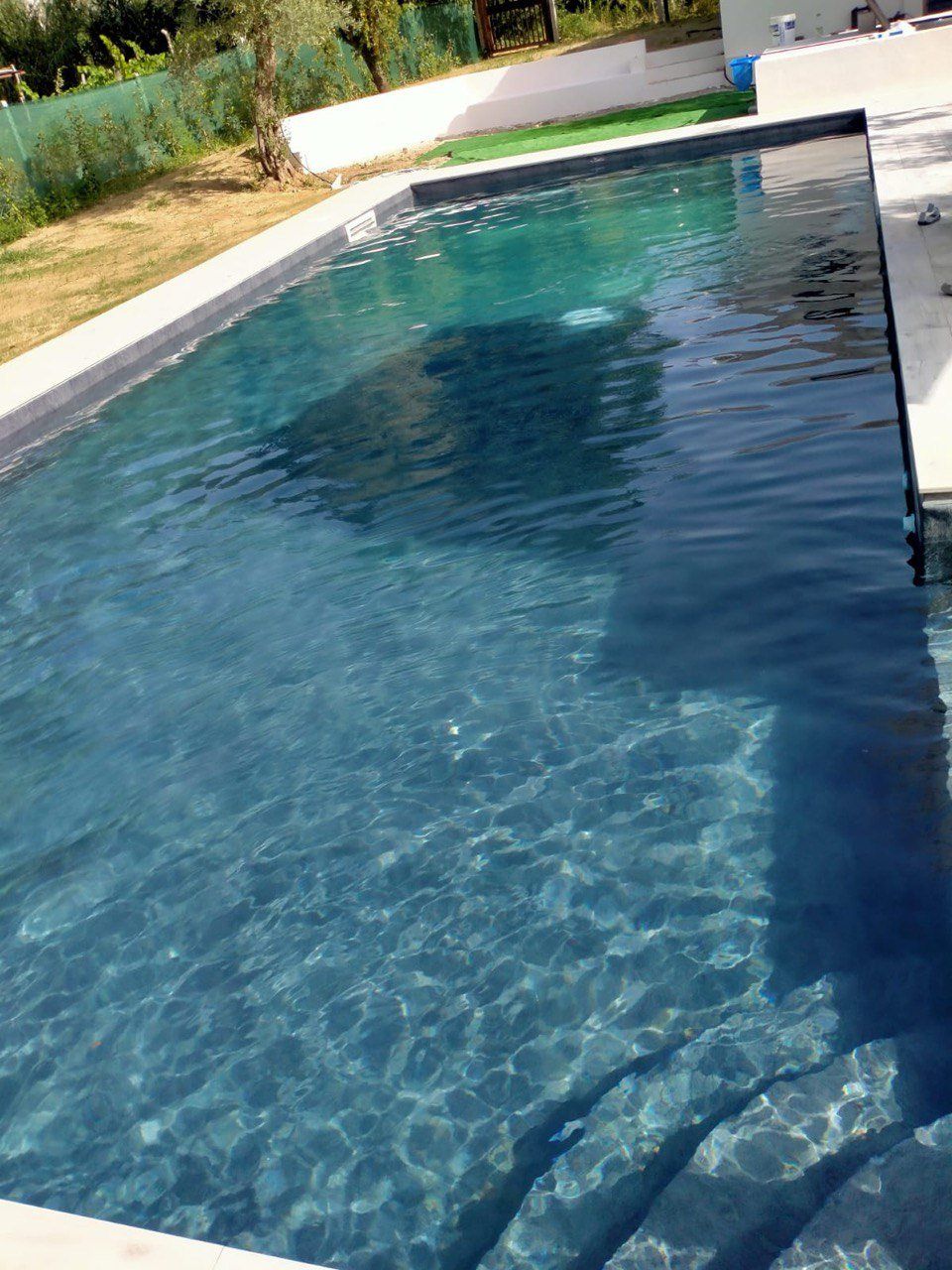 Piscina rettangolare con acqua scura e gradini integrati, circondata da pavimentazione chiara ed erba.