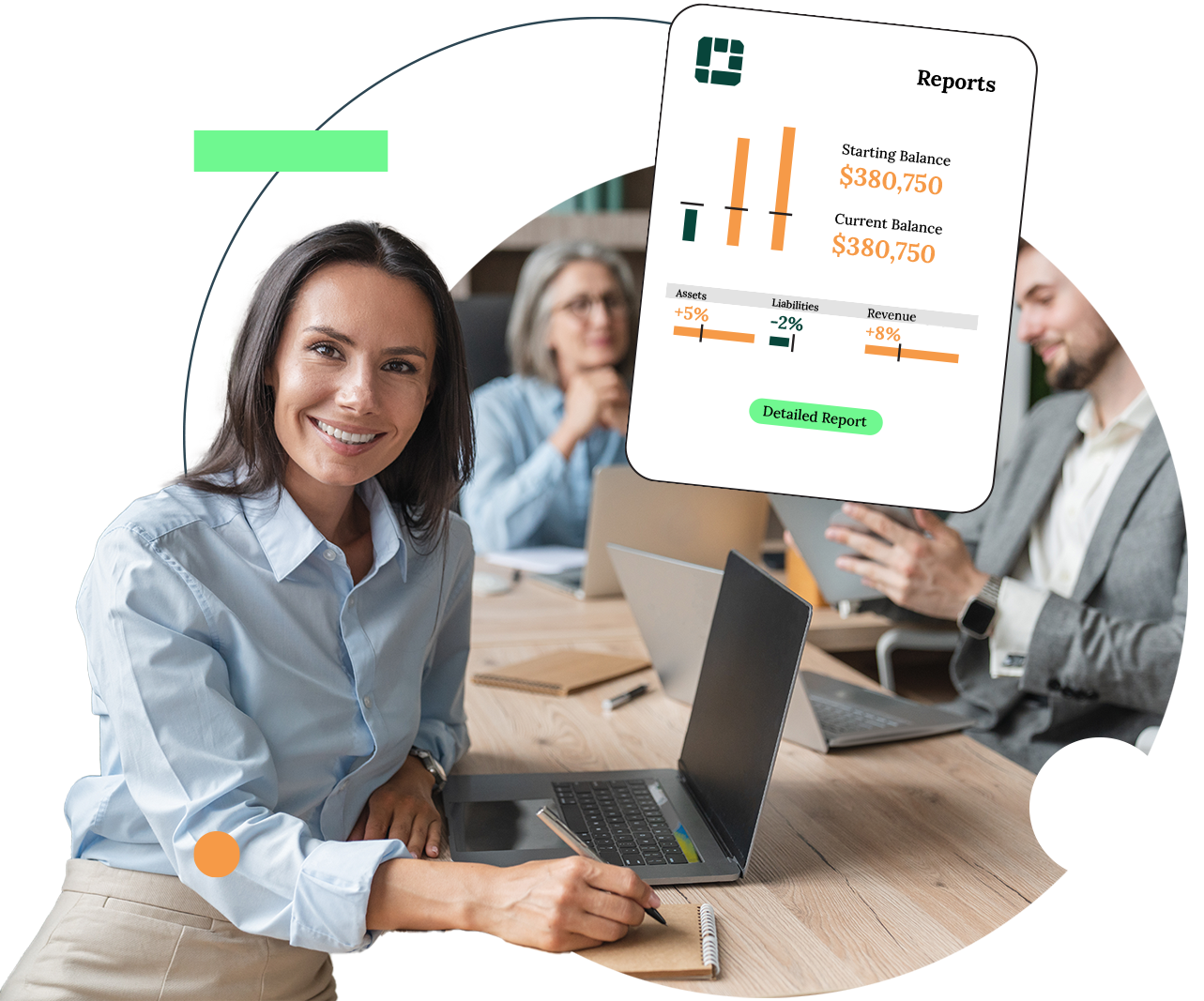 Woman at a laptop smiling, with colleagues in the background. Report graphic displayed.