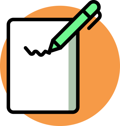 A green pen signing a paper, set against an orange circle.