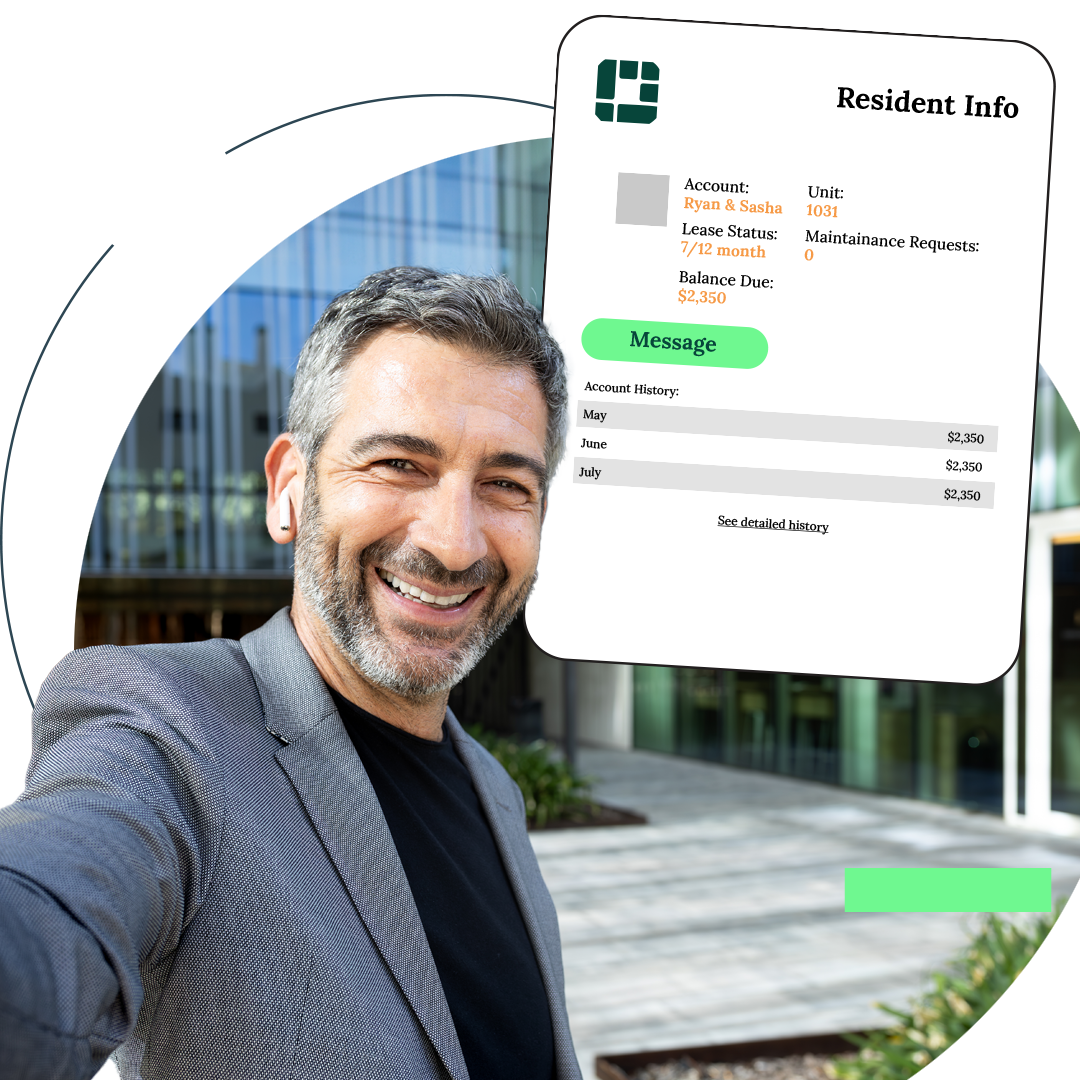 Man taking a selfie with a digital screen showing resident info against a modern building.