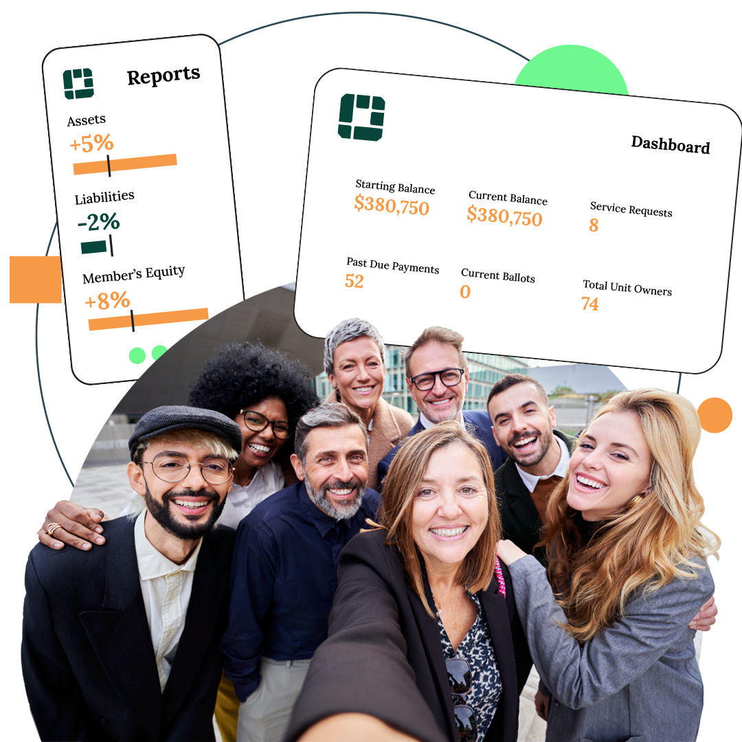 Group of diverse people smiling with financial data charts in the background.