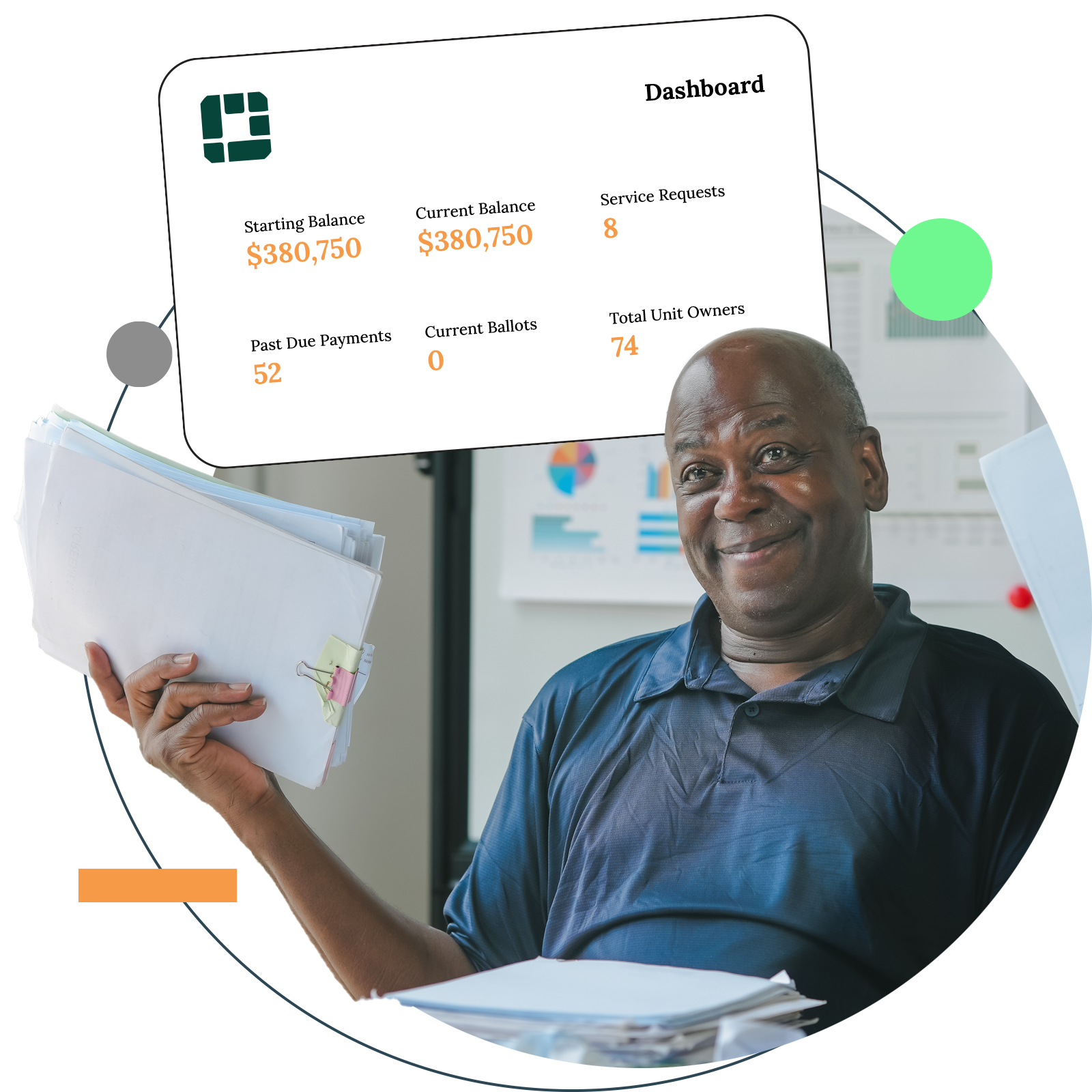 Smiling Black man holding files, dashboard graphic with financial data in background.