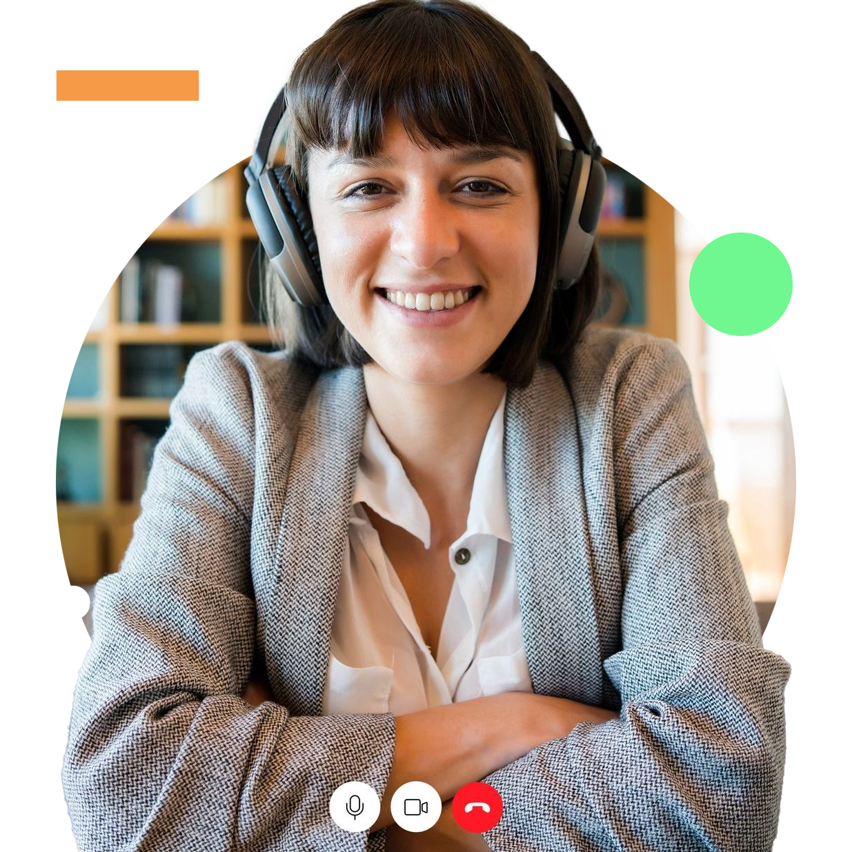 Woman wearing a headset, smiling at the camera during a video call.