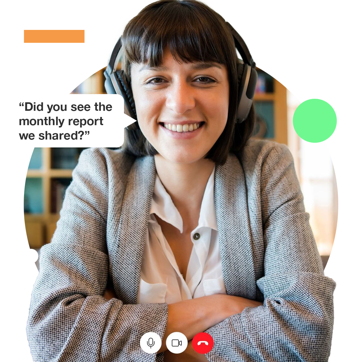 Woman with headphones, smiling, asking about a monthly report on a video call.