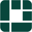Dark teal abstract logo: squares and rectangles, with white outlines, form a letter 