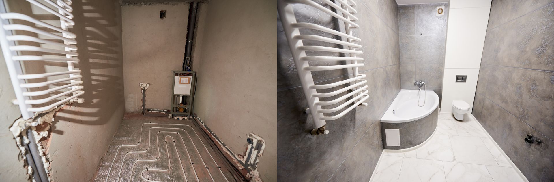 Two small bathroom spaces with white fixtures, tiled floors, and exposed pipes on the walls