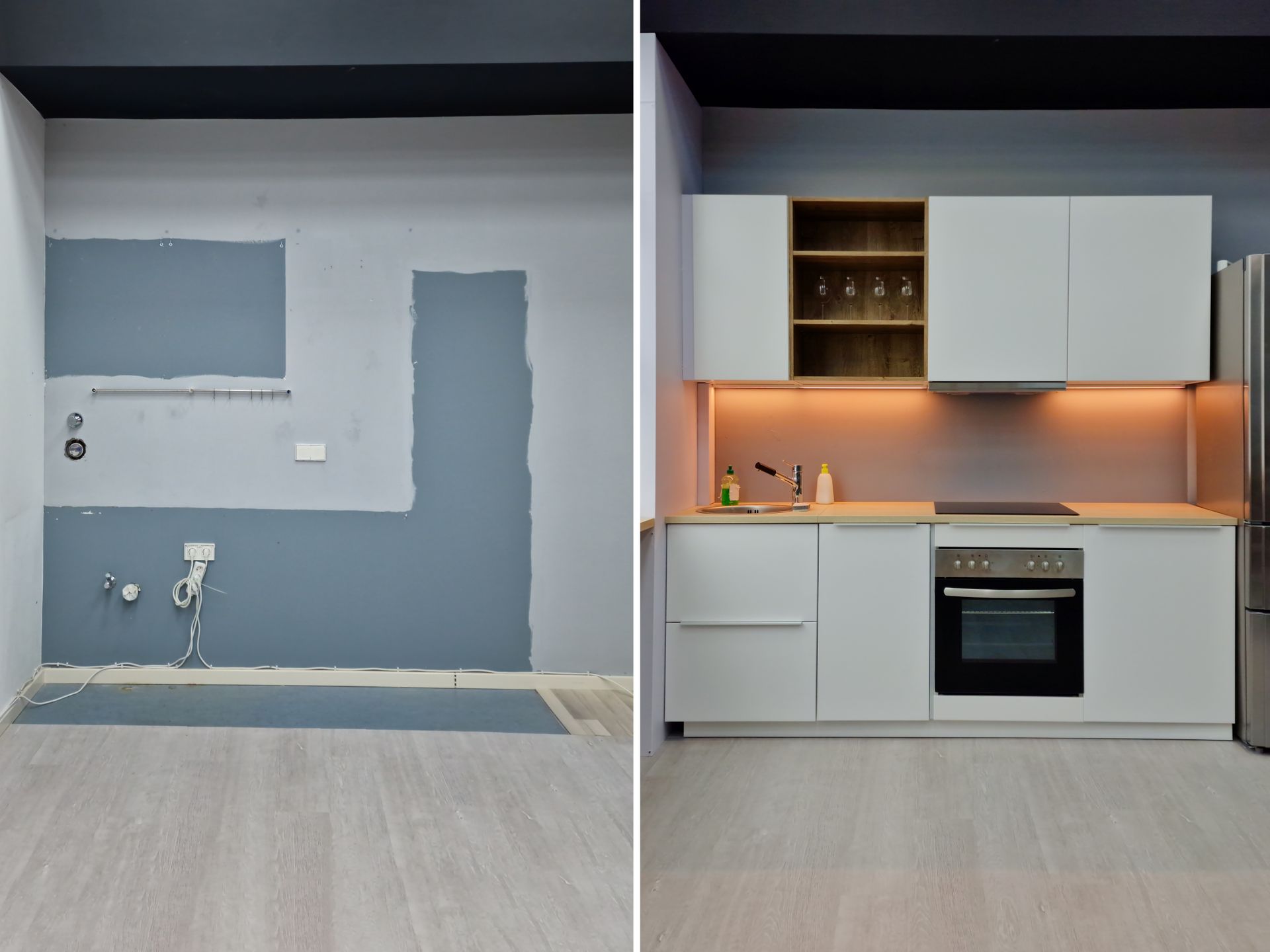 Before-and-after of a kitchen renovation: unfinished gray wall beside a modern white kitchen with warm under-cabinet lighting