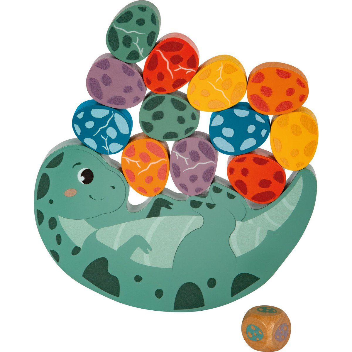 Houten dinosaurus-evenwichtsspel met gekleurde eieren en een dobbelsteen.