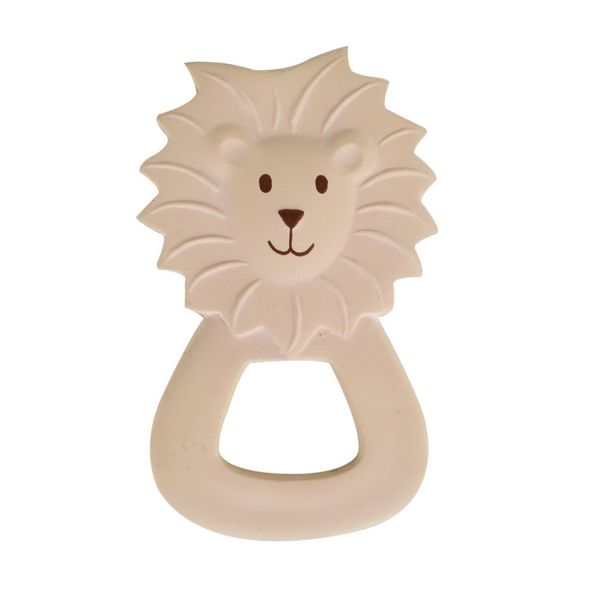 Beige babybijtring in de vorm van een leeuw met een ringvormig handvat.
