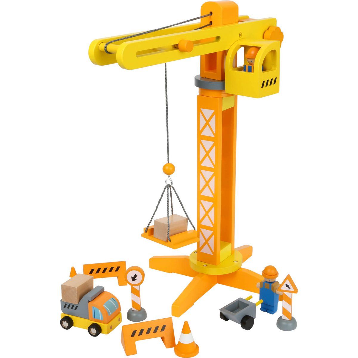 Houten speelgoedbouwkraan met accessoires, oranje en geel.