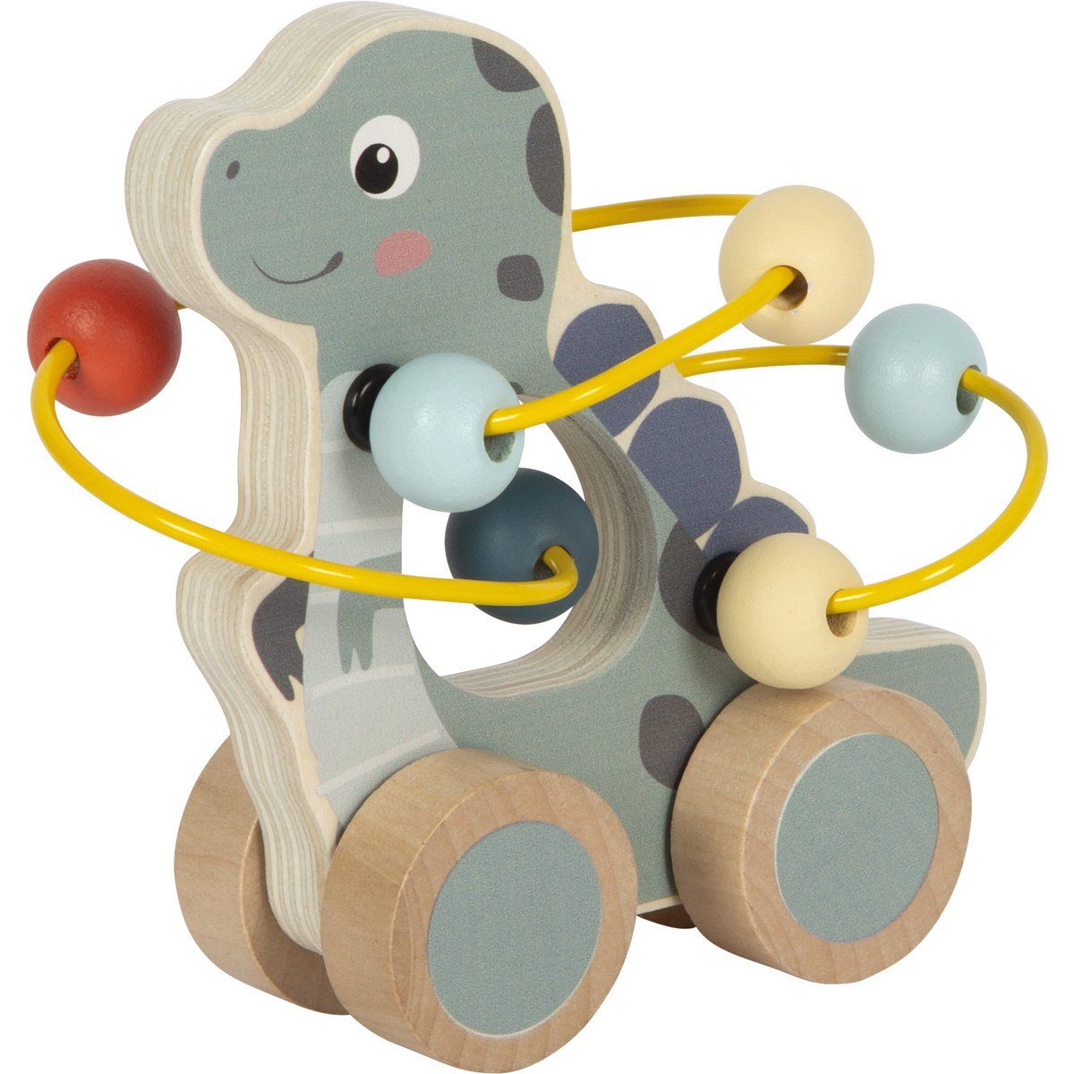Houten dinosaurus speelgoed met kralendoolhof, kleuren blauw en bruin.