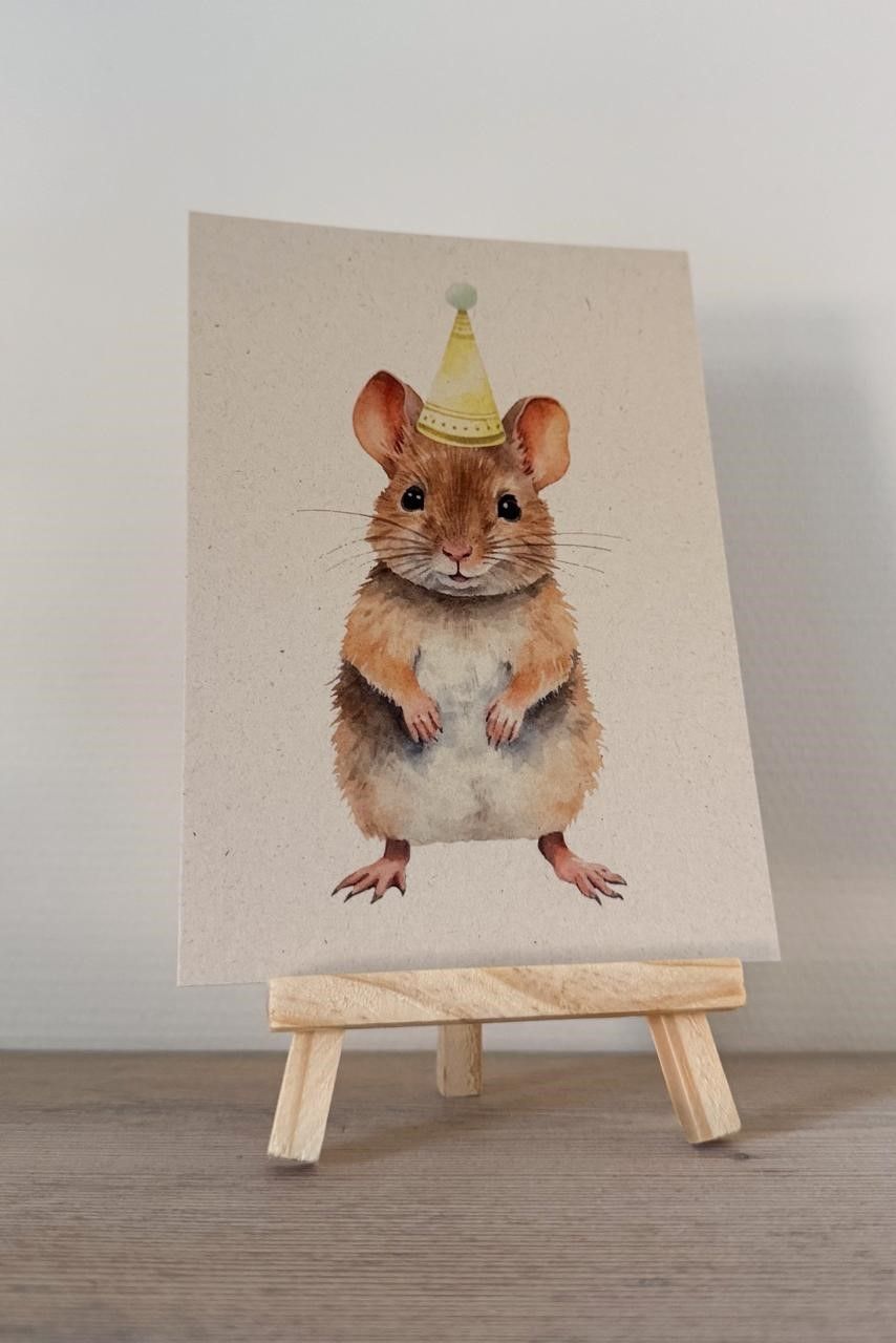 Deze wenskaart met vrolijke hamster met een feestmuts brengt meteen een glimlach bij de jarige.