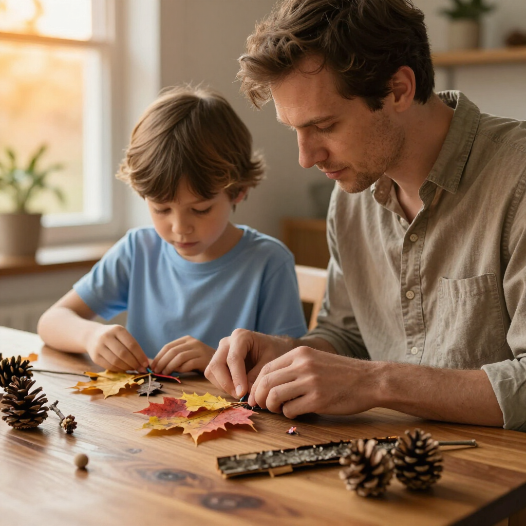 Een volwassene en een kind zitten aan een houten tafel en knutselen met herfstbladeren en dennenappels in een zonovergoten kamer.