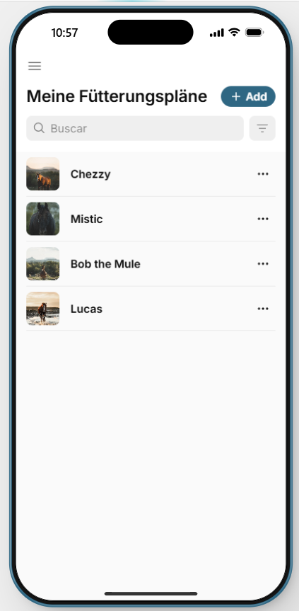 Bildschirm der mobilen App mit der Bezeichnung „Meine Fütterungspläne“ inklusive Suchleiste, Schaltfläche „Hinzufügen“ und einer Liste der Pläne.
