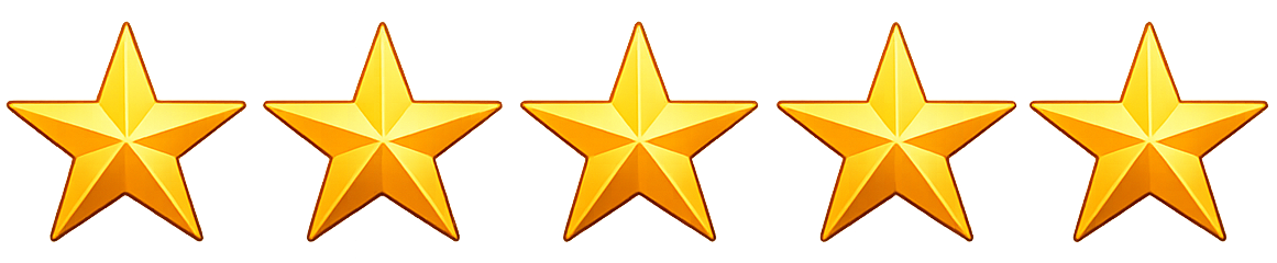 Fünf goldene Sterne in einer Reihe auf weißem Hintergrund
