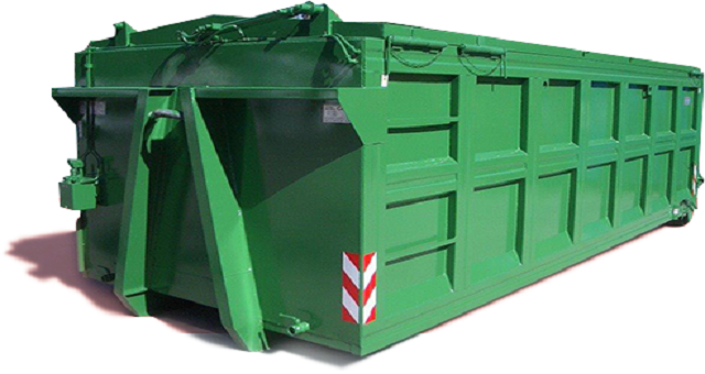 A green dumpster with the letter e on it