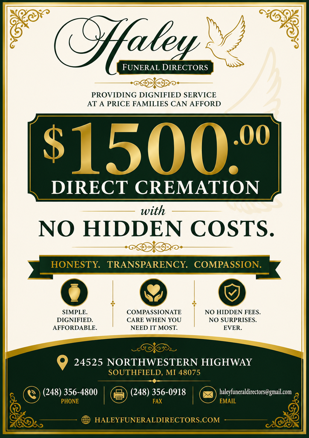 Haley Direct Cremation ad with $1500 price, no hidden costs, gold and green