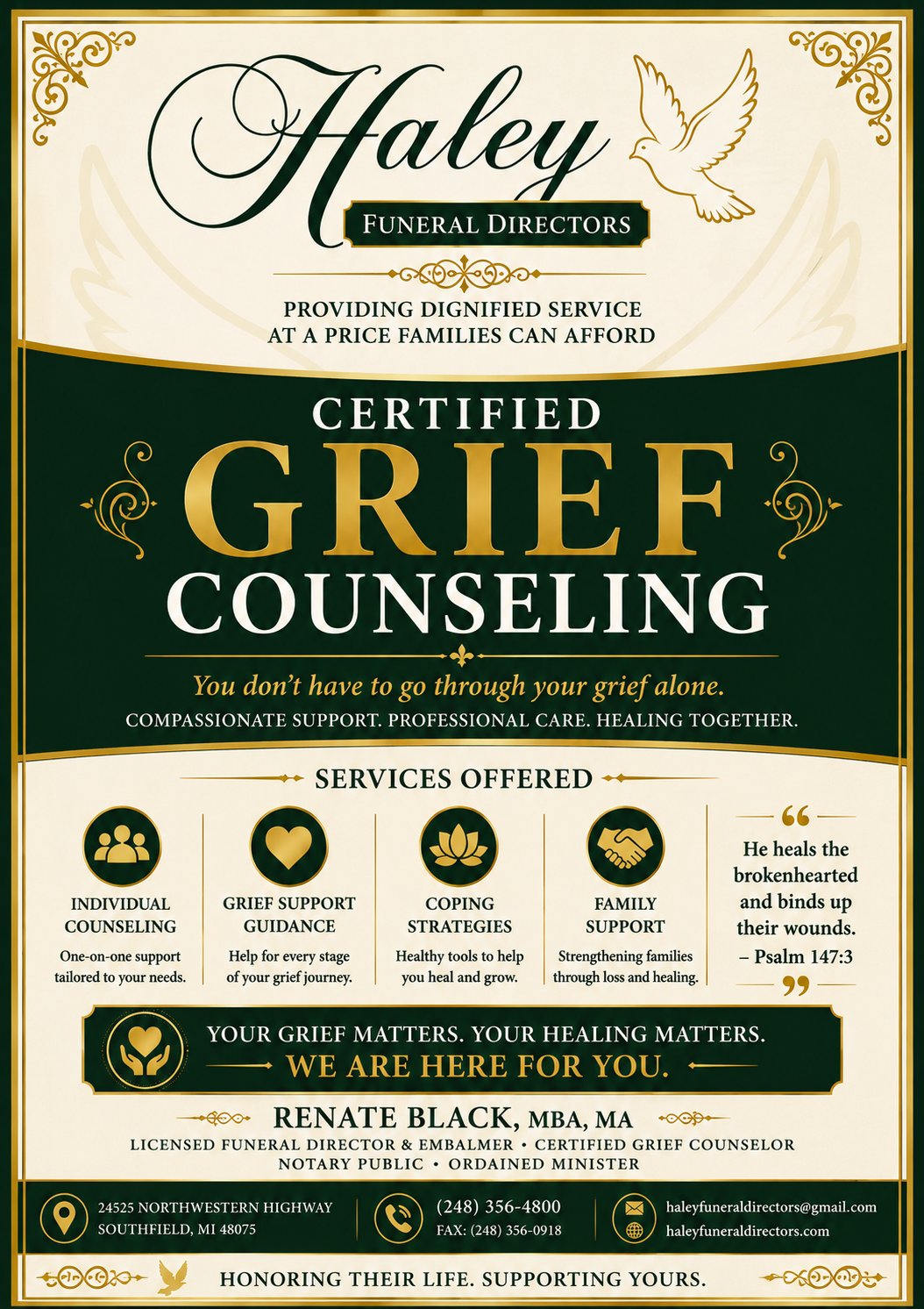 Haley Funeral Home and cremation services poster for certified grief counseling in dark green and gold.