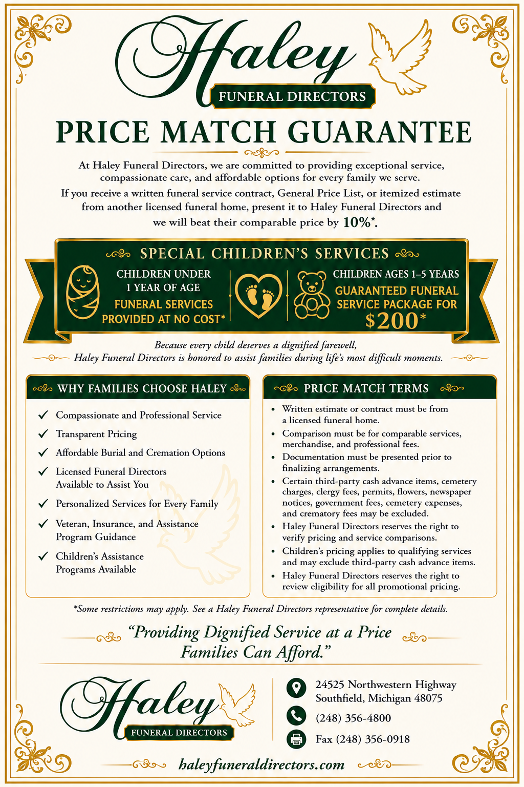 Haley Center price match guarantee flyer in cream and green with service details and contact info