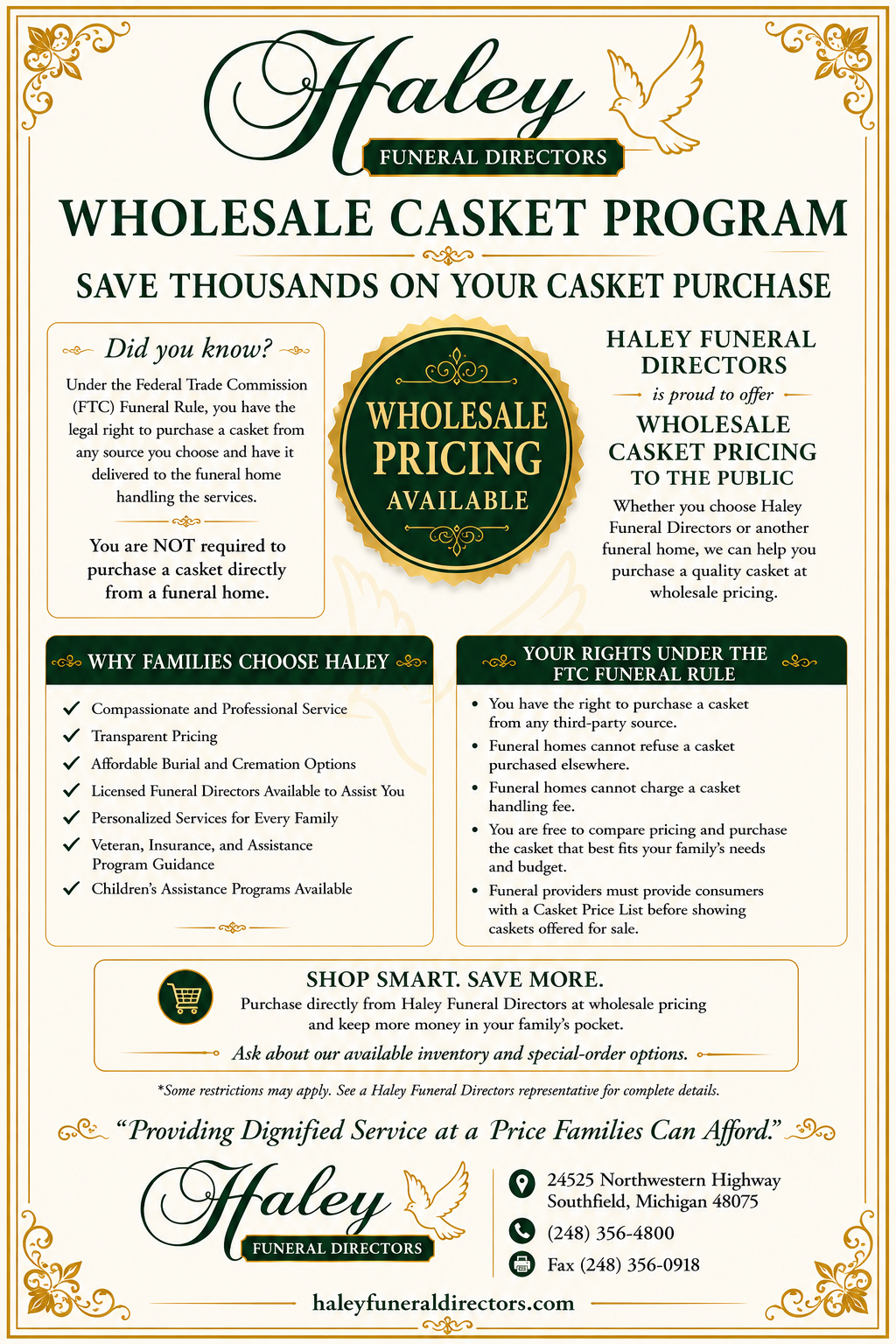 Haley Wholesale Casket Program flyer with gold border, pricing, and product details on a cream background