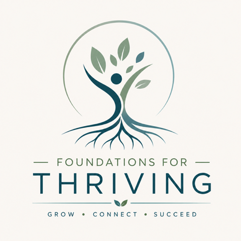Logo for “Foundations for Thriving” with a teal and green tree-root design and the words “Grow, Connect, Succeed”