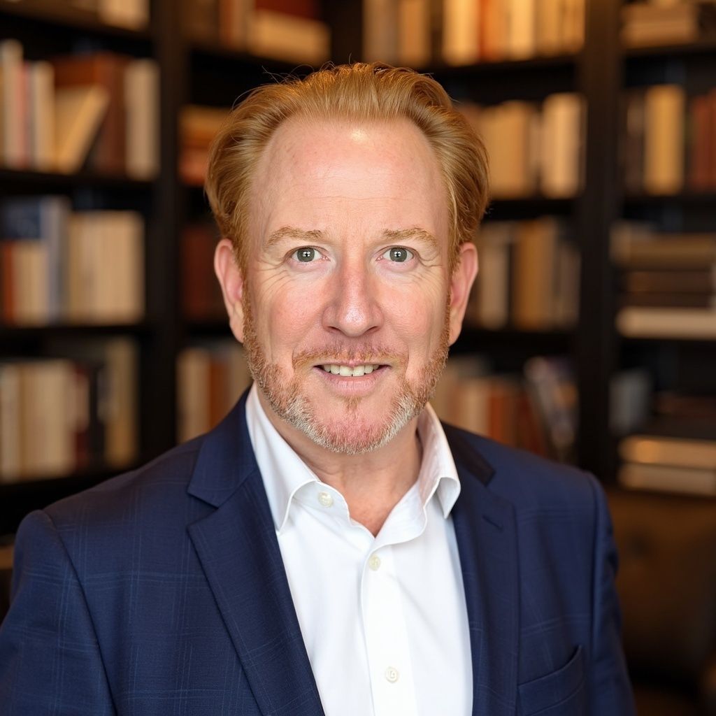 Portrait of a smiling man in a blue suit and white shirt, standing in front of blurred bookshelves.