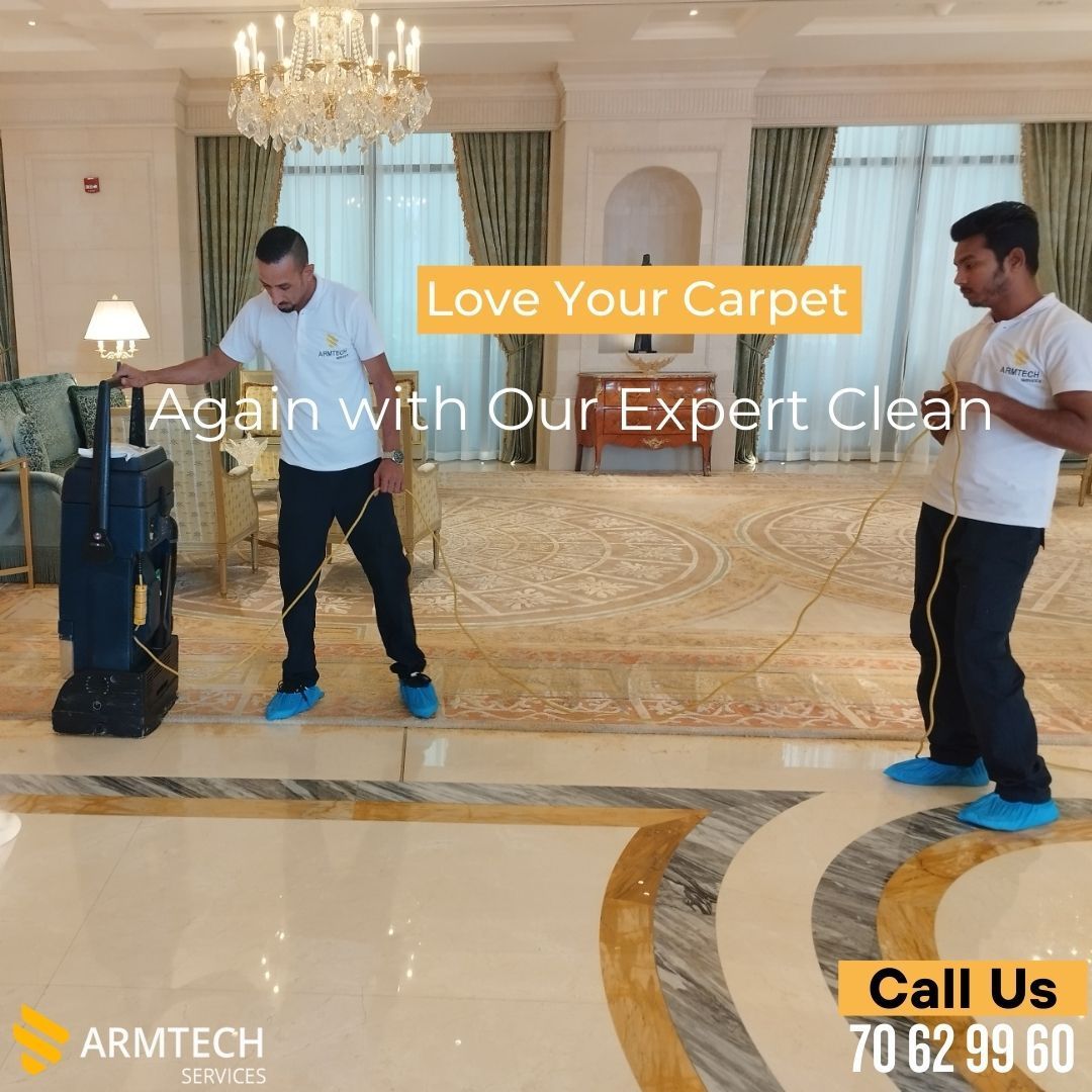 Two men are cleaning a carpet in a room with the words love your carpet again with our expert clean