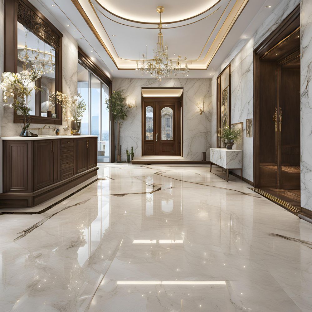 A hallway with marble floors and a chandelier hanging from the ceiling