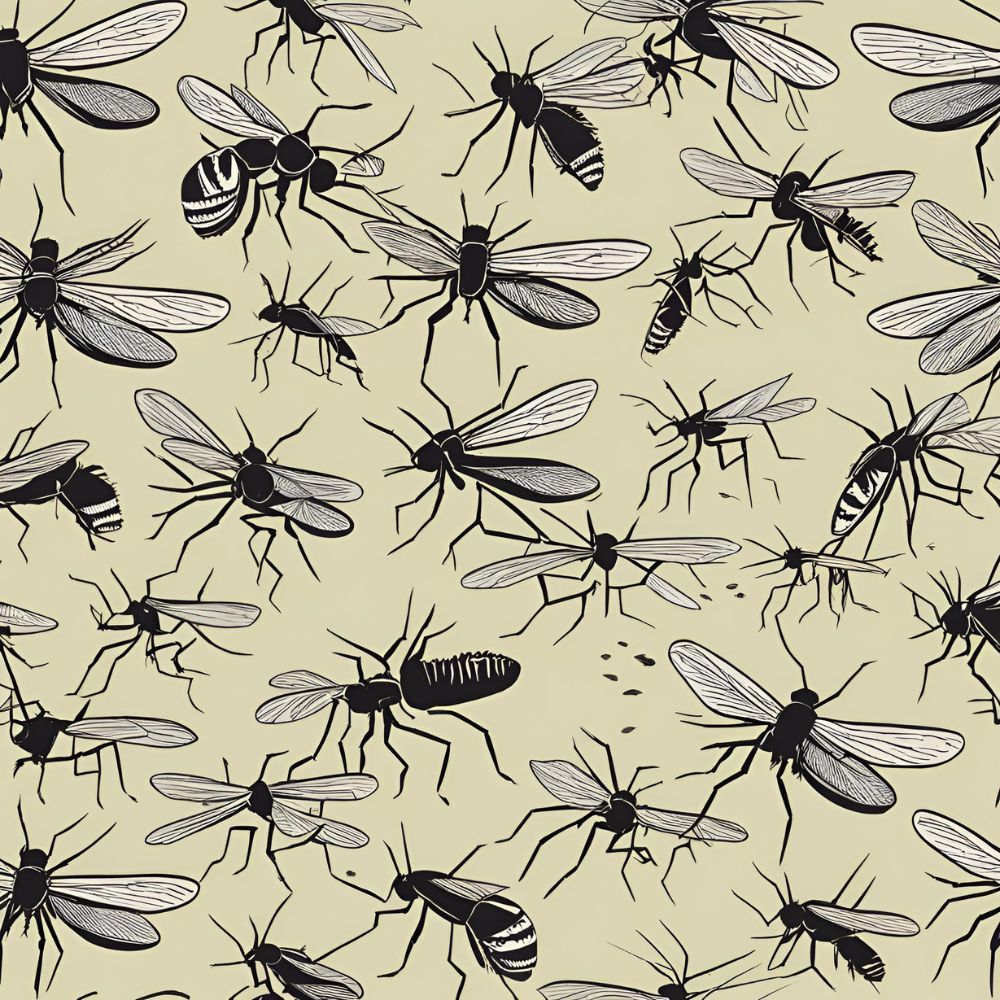 A seamless pattern of black and white insects on a beige background