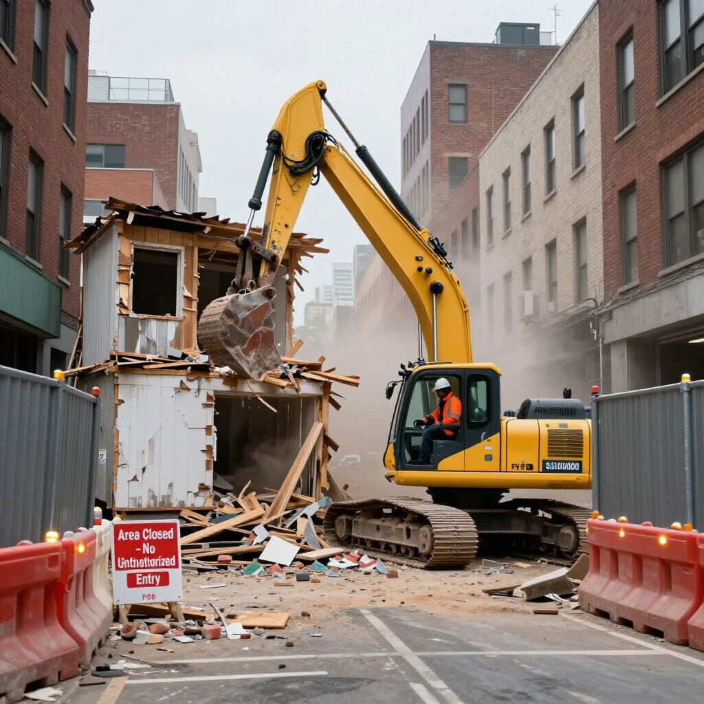 Excavator demolishing a building in a city street, yellow machine, orange vest, debris, construction site.