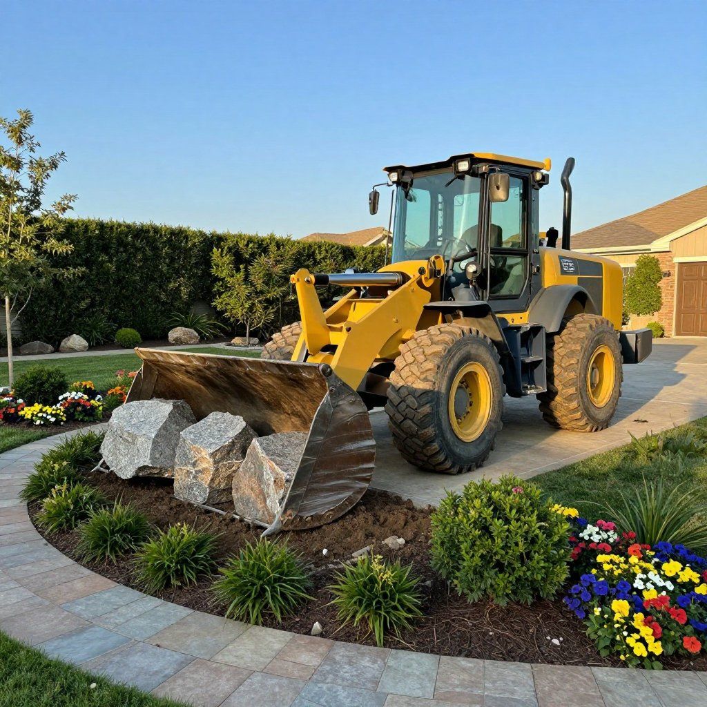 Yellow wheel loader holding large rocks in a garden bed on a driveway.
