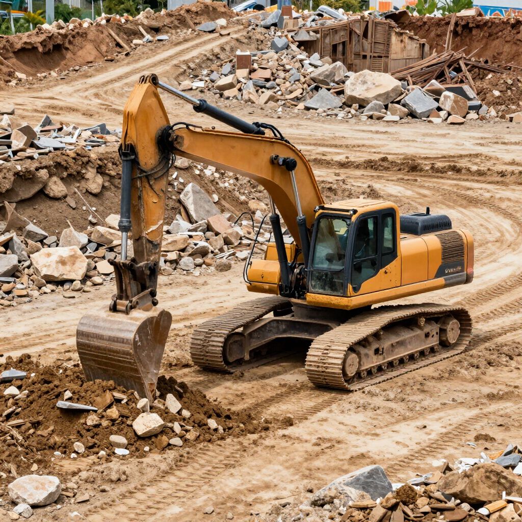 Yellow excavator on a construction site, scooping dirt and debris.