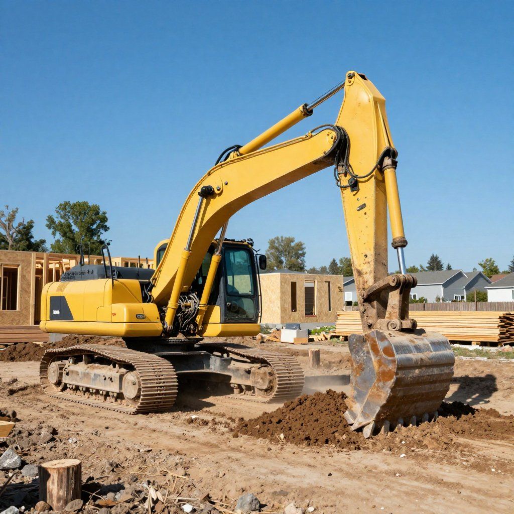 Yellow excavator digging dirt at a construction site on a sunny day.