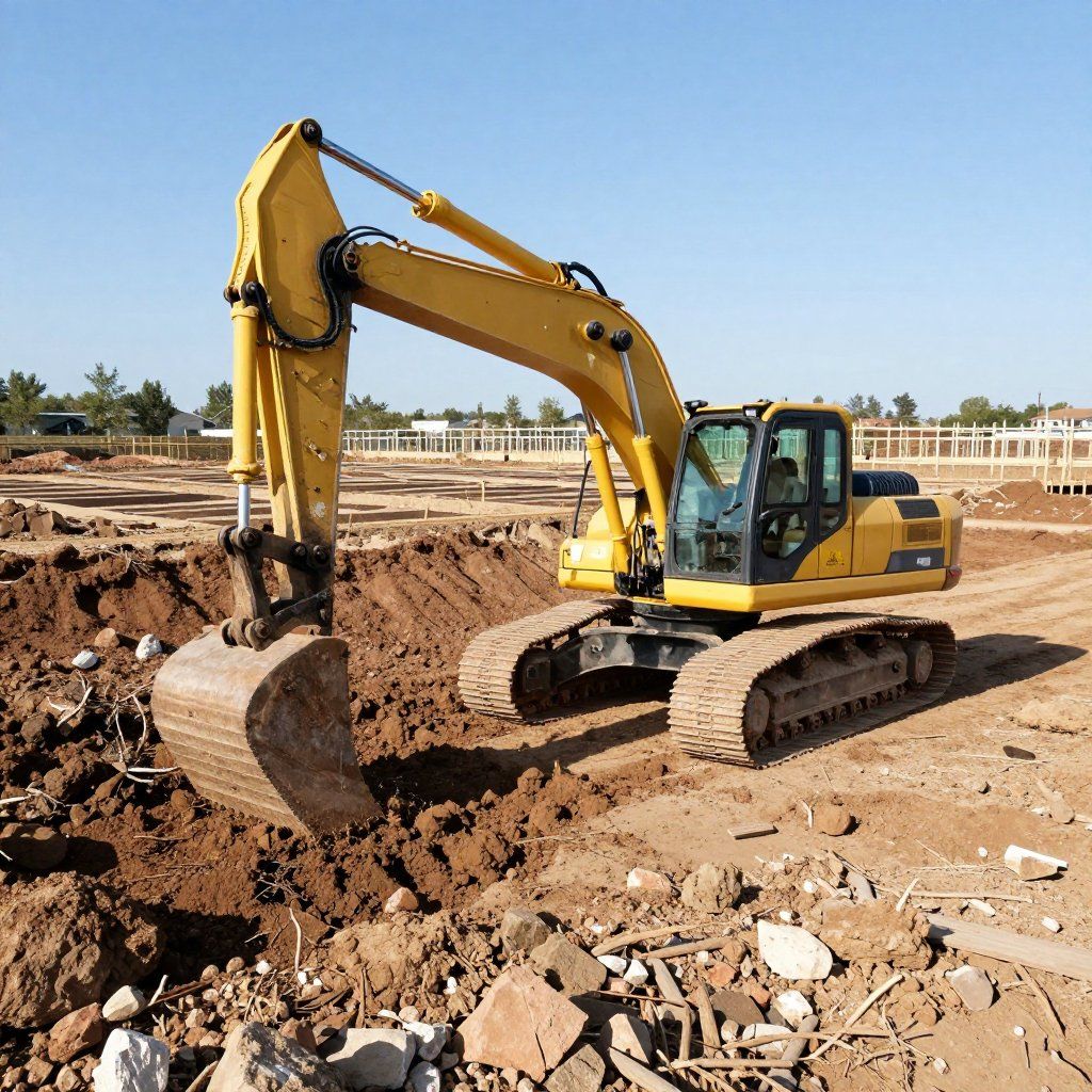 Yellow excavator digging in a dirt lot under a blue sky.