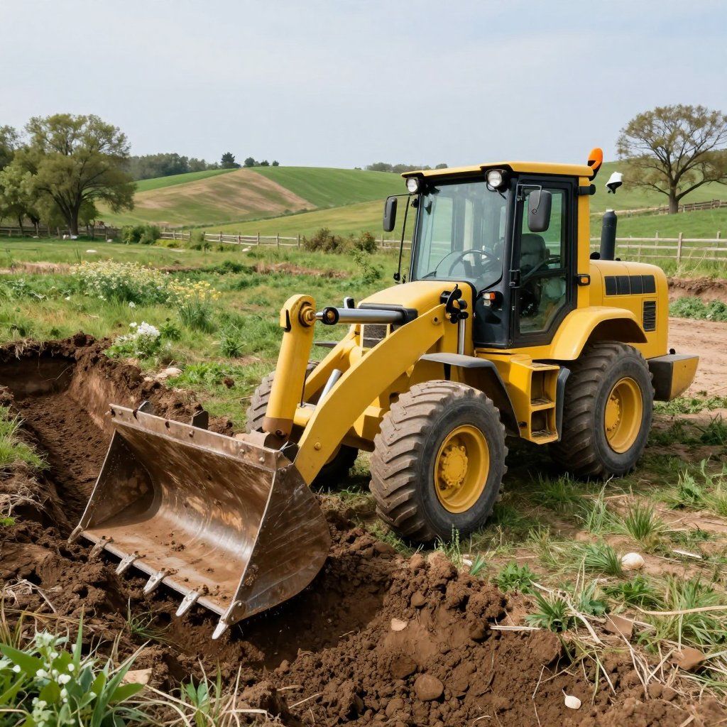 Yellow front-end loader digging in a field, with a backdrop of trees and hills.