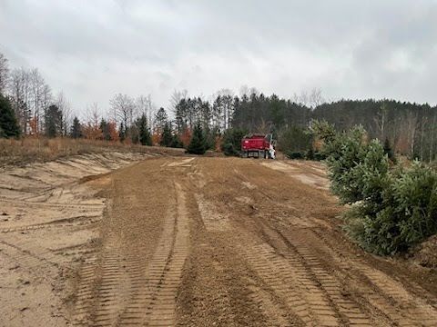 Dirt road construction site with tire tracks, evergreen trees, and a red truck in the distance