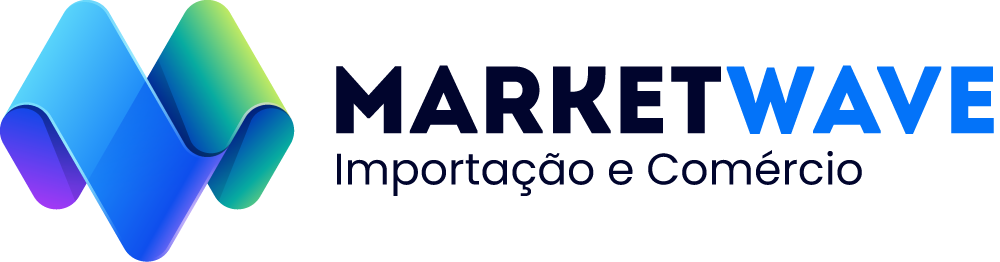 Logo da MarketWave com ícone ondulado em azul e verde e texto “Importação e Comércio”.