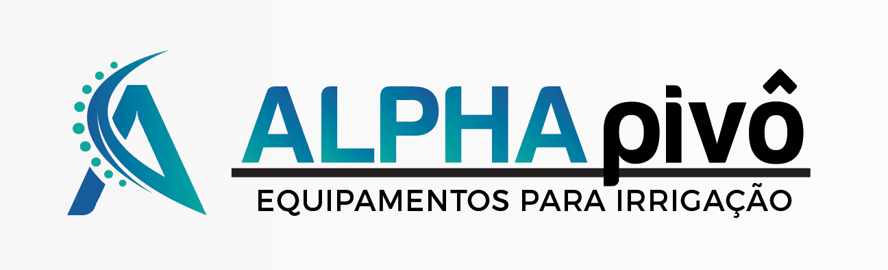 ALPHApivô logo em teal e preto com a tagline “Equipamentos para Irrigação”