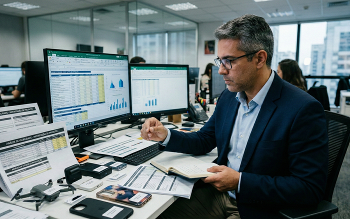 Homem de blazer analisando gráficos em uma mesa com vários monitores em um escritório moderno.