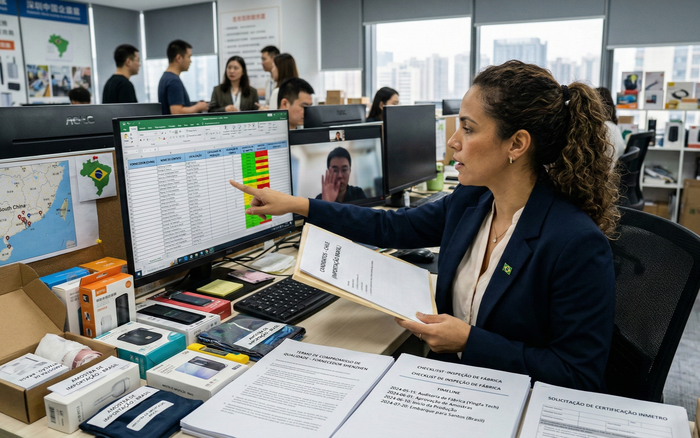 Colegas em um escritório analisam dados em um monitor, enquanto uma mulher aponta para um gráfico com código de cores.